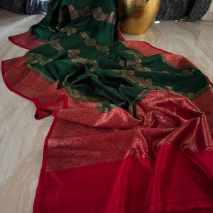 Bottle Green & Red Banarasi Handloom Tussar Raw Silk Kaduwa Weaving Saree | Silk Mark Certified | Dyeable to your choice of color