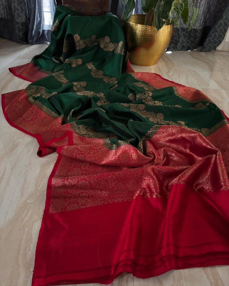 Bottle Green & Red Banarasi Handloom Tussar Raw Silk Kaduwa Weaving Saree | Silk Mark Certified | Dyeable to your choice of color