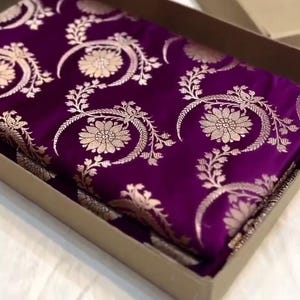 Purple Banarasi Mashru Soft Silk Gold Zari Jangla Saree | Indian Traditional Party Saree | Banarasi