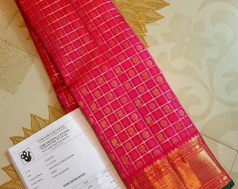 Coral Pink Kanchipuram/Kanjivaram Handloom 3 Gram Pure Zari Bridal Silk Saree | Silk Mark Certified | Pure Zari Tested Kanchipattu