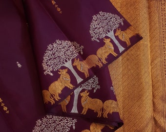 Kanchipuram Handloom Cow/Tree/Butta 2 Gram Pure Gold and Silver Zari Meena Pattu Silk Sarees | Silk Mark Certified |Kanchipattu Contemporary