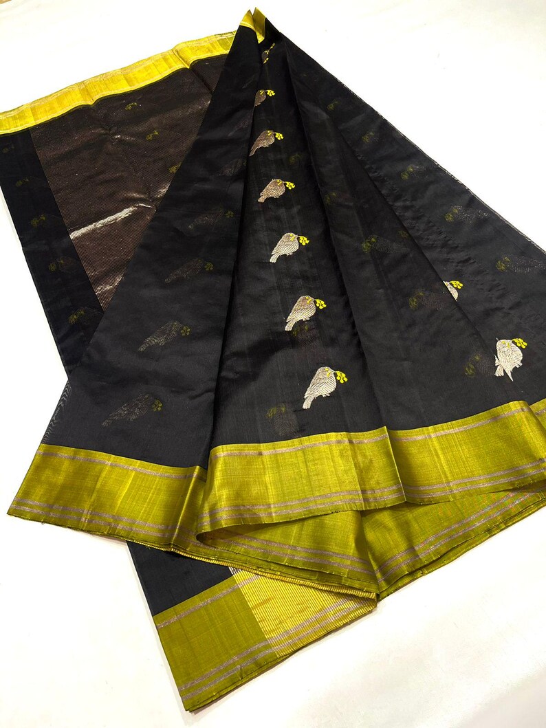 Black - Handloom Zari Buti Pure Chanderi Silk Fabric 09