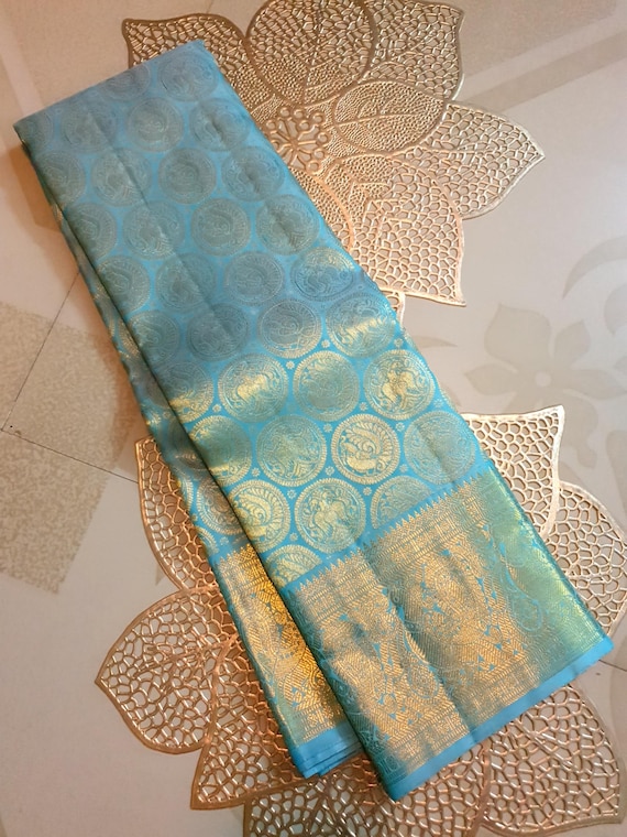 Pastel Turquoise Kanjivaram Silk Saree: Handloom 2G Gold Zari, Silk Mark Certified