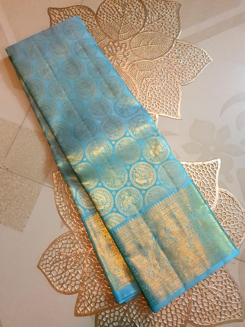 Pastel Turquoise Kanjivaram Handloom Gold Zari Silk Saree | Silk Mark Certified | Kanchipattu Traditional saree