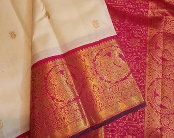 Beige & Rani Pink Kanchipuram Handloom 2 Gram Pure Zari Baby Shower Pattu Silk Saree | Silk Mark Certified | Kanchipattu