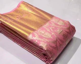 Pink Kanchipuram/Kanjivaram Handloom Tissue Brocade Meenakari Gold & Silver Zari Silk Saree | Silk Mark Certified | Traditional Kanchipattu