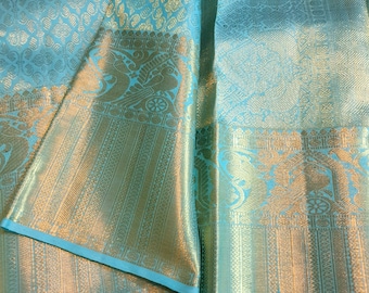 Pastel Turquoise Kanchipuram/Kanjivaram Handloom Gold Zari Brocade Pattu Silk Saree | Silk Mark Certified | Kanchipattu Traditional Saree