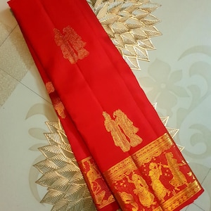 Knallroter Kanchipuram/Kanjivaram Handloom Gold Zari Kalyana Pallakku Pattu Seide Braut Saree | Seidenzeichen zertifiziert |Kanchipattu Traditionell
