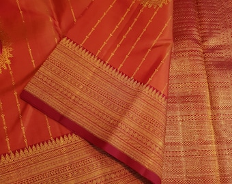 Orange Kanchipuram/Kanjivaram Handloom 2 Gram Pure Zari Stripes and Buttas Silk Saree | Silk Mark Certified