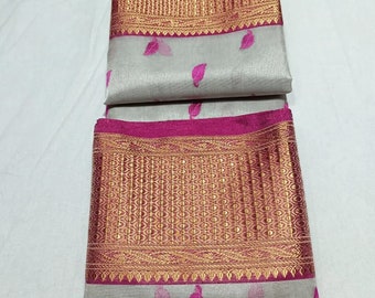 Ivory and Rose Pink Chanderi Handloom Pure Tissue Silk Silver Zari Nakshi Borders Saree | Chanderi Contemporary Pattu Silk Saree