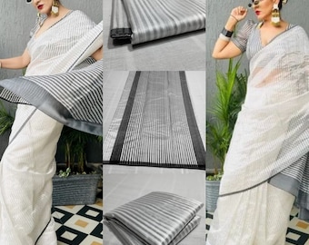 White, Grey and Black Chanderi Handloom Pure Pattu Silk Contemporary Striped Saree | Chanderi Contemporary Saree | Customization Possible