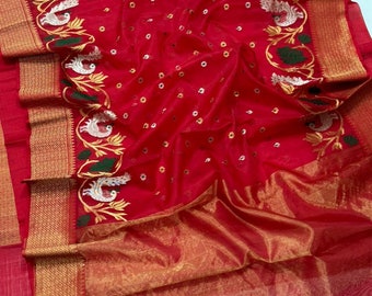 Red Chanderi Handloom Pure Katan Silk Gold Zari Meenakari Handwork Borders Bird Design Saree | Traditional Chanderi Saree