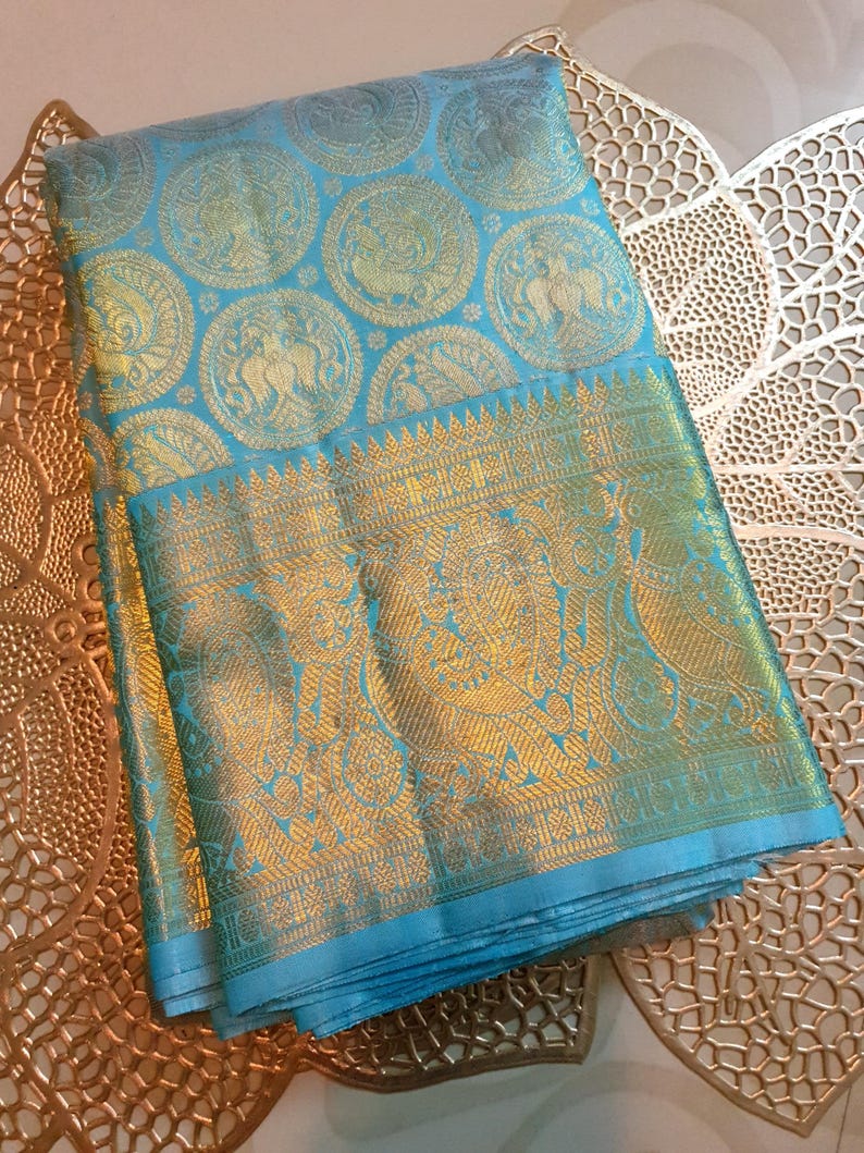 Pastel Turquoise Kanjivaram Handloom Gold Zari Silk Saree | Silk Mark Certified | Kanchipattu Traditional saree