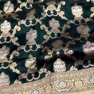 Bottle Green Banarasi Handloom Floral Jangla Sona Rupa Pure Katan Silk Saree | Silk Mark Certified | Indian Traditional Saree