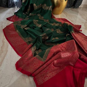 Bottle Green & Red Banarasi Handloom Tussar Raw Silk Kaduwa Weaving Saree | Silk Mark Certified | Dyeable to your choice of color