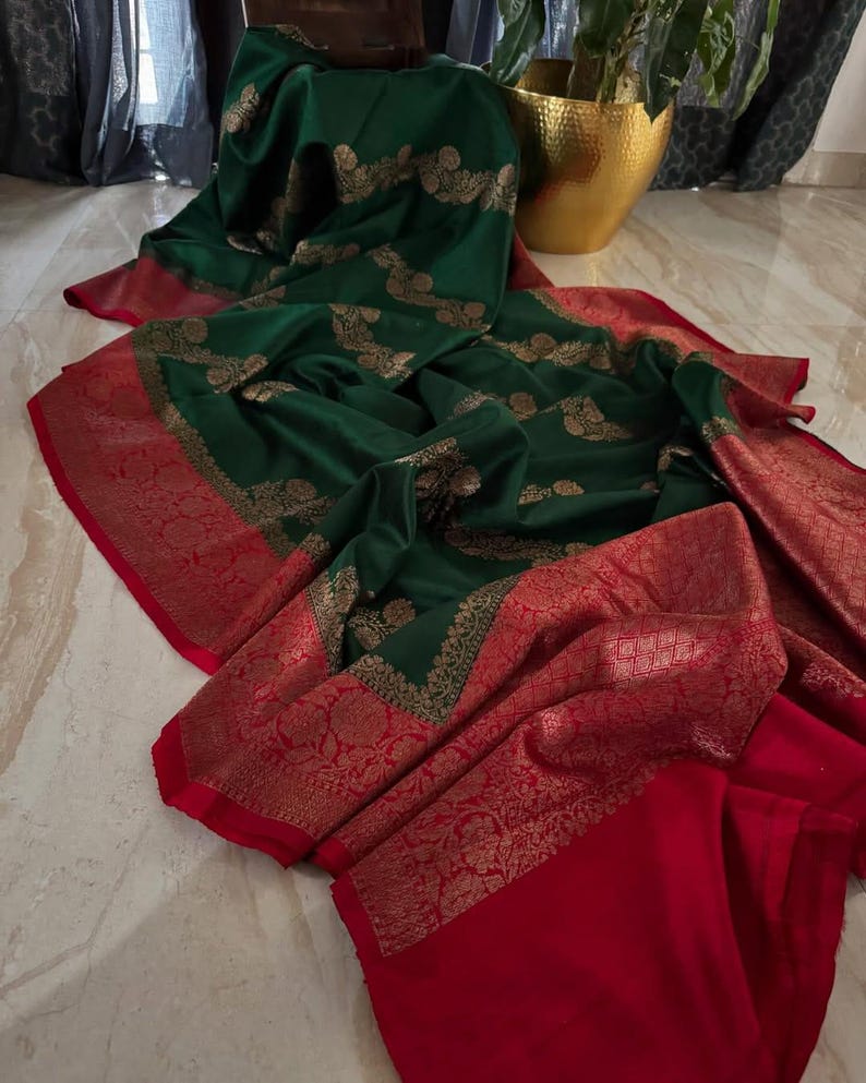 Bottle Green & Red Banarasi Handloom Tussar Raw Silk Kaduwa Weaving Saree | Silk Mark Certified | Dyeable to your choice of color