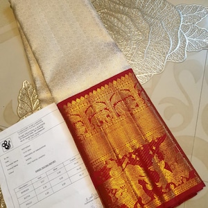 Beige & Rustic Red Kanchipuram/Kanjivaram Handloom 2G Gold Zari Kalyana Pallakku Pattu Silk Saree | Silk Mark Certified | Zari Tested Kanchi