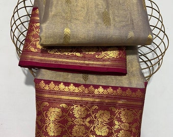 Beige and Red Chanderi Handloom Pure Katan Silk Nakshi Borders Gold Zari Buttas Saree  | Chanderi Traditional Saree