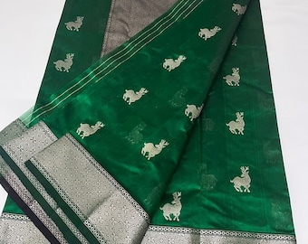 Bottle Green Chanderi Handloom Pure Pattu Silk Silver Zari Animal Design Saree with Nakshi Borders | Chanderi Contemporary Pattu Silk Saree