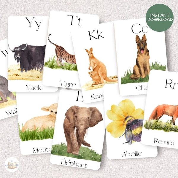FRENCH Watercolor Animal Alphabet Flashcards | ABC Learning | Kids Preschool Homeschool Cards | Educational Game Instant Download Printable