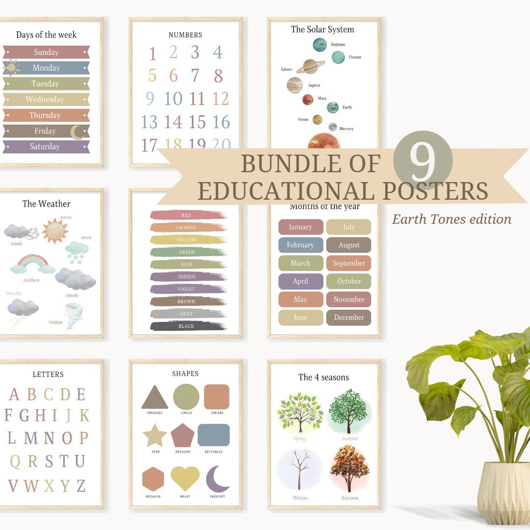 BUNDLE 9 Educational Posters for Kids, Printable Earth Tones Wall Art ...