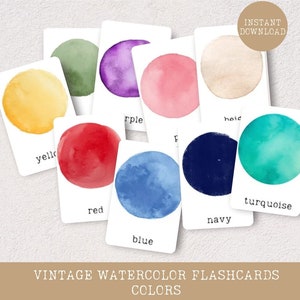 Flashcards de aprendizagem de cores de aquarela vintage, cartões de educação domiciliar para crianças pré-escolares, jogos educativos, download instantâneo para impressão, cartões coloridos