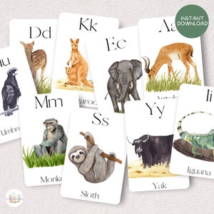 Aquarell Tier Alphabet Karteikarten | ABC Lernen | Kinder Vorschule Homeschool Karten | Lernspiel | Sofortiger Download zum Ausdrucken
