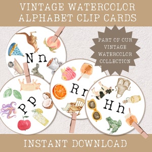 Cartões de clipe de círculo de alfabeto aquarela vintage, cartões de ensino doméstico pré-escolar para crianças, jogos educativos, download para impressão, reconhecimento de letras
