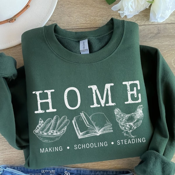 Homemaking Homeschooling Homesteading Sweatshirt, Minimalist Homestead Gift, Rooster, Trad Wife, Distressed, Homeschool Mama Crewneck