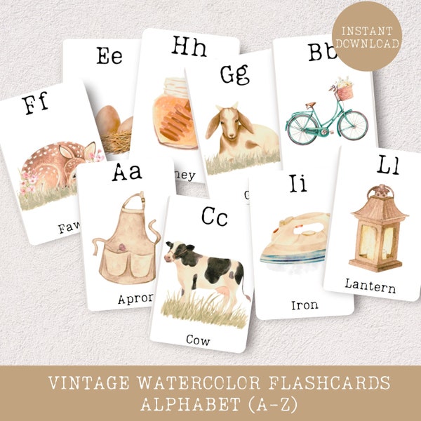 Vintage Watercolor Alphabet Flashcards | ABC Learning | Kids Preschool Homeschool Cards | Educational Games | Instant Download Printable