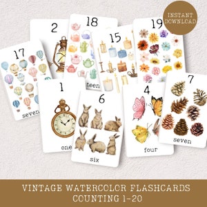 Números de contagem em aquarela vintage 1-20 flashcards, cartões pré-escolares para crianças em casa, jogos educativos, download instantâneo para impressão