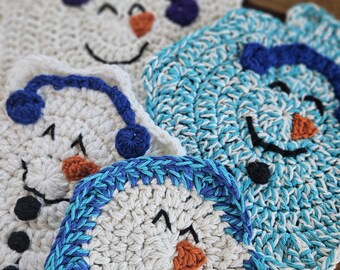 PATRÓN DE GANCHILLO - Posavasos y agarradera de muñeco de nieve derretido Patrón de descarga digital instantánea, Patrón de crochet para regalo de inauguración de la casa, Muñeco de nieve de invierno