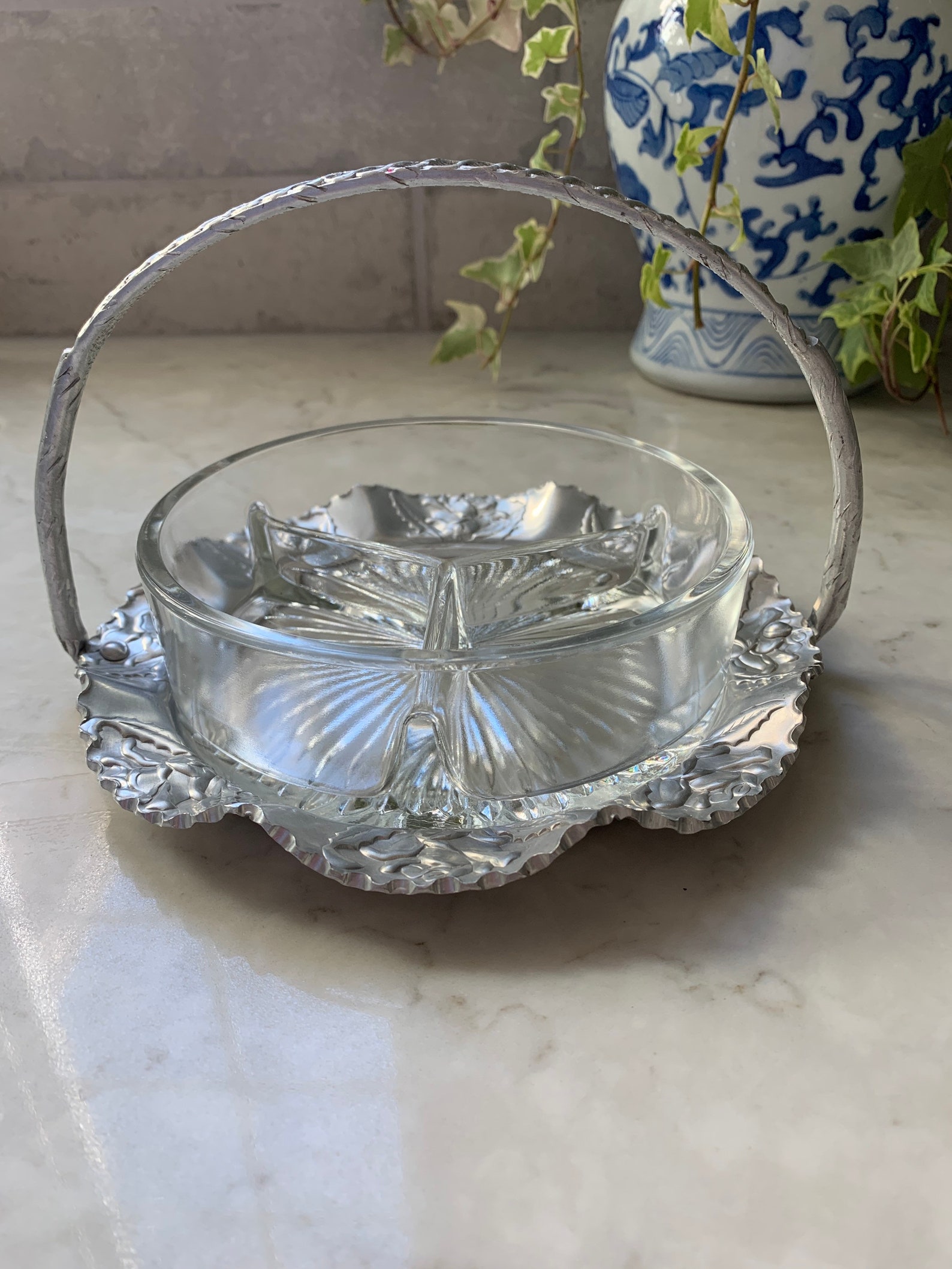 Vintage Hammered Aluminum Basket With Divided Glass Dish Etsy
