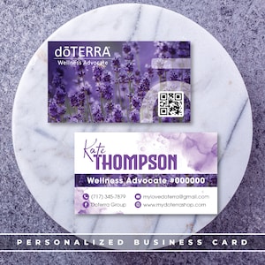 Fioletowe wizytówki dOTERRA, karty z kodem QR dOTERRA, spersonalizowana wizytówka dOTERRA Essential Oil, karty do druku, plik cyfrowy