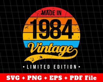 Peut inclure: Un graphique de style vintage avec un fond de coucher de soleil et le texte "MADE IN 1984 Vintage" avec les mots "LIMITED EDITION" en dessous.