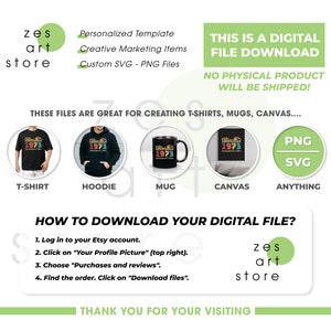 Pu&ograve; includere: Download di file digitale con un design vintage del 1973, adatto per creare t-shirt, felpe con cappuccio, tazze e stampe su tela. Include formati di file PNG e SVG. Sono incluse le istruzioni per il download.