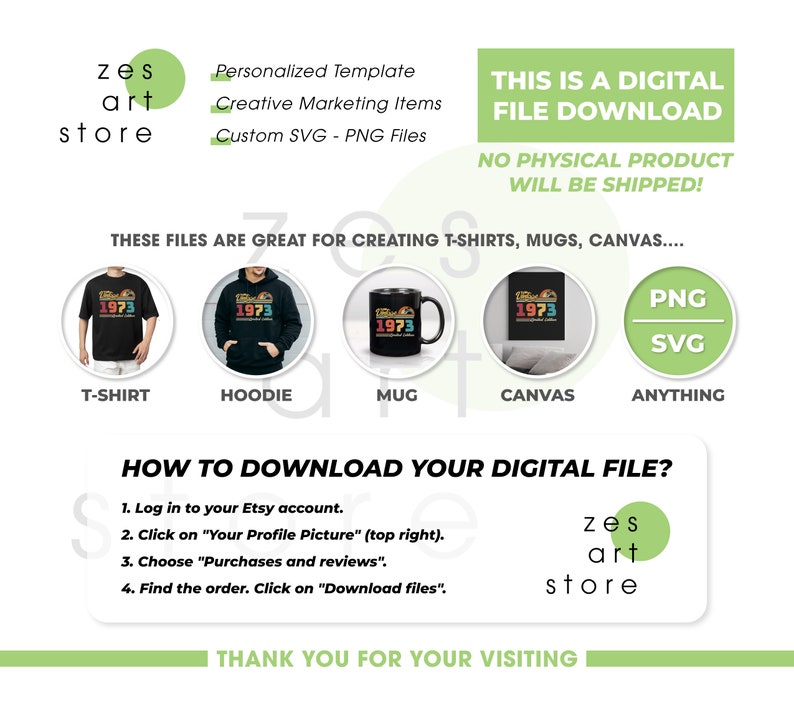 Pu&ograve; includere: Download di file digitale con un design vintage del 1973, adatto per creare t-shirt, felpe con cappuccio, tazze e stampe su tela. Include formati di file PNG e SVG. Sono incluse le istruzioni per il download.