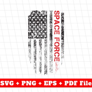 Może przedstawiać: Zniszczona flaga amerykańska z napisem "SPACE FORCE" w kolorze czerwonym po prawej stronie. Flaga jest w stylu zniszczonym z efektem grunge.