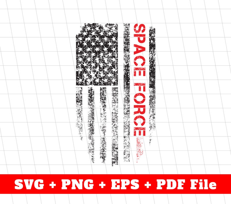 May include: A distressed American flag with the words "SPACE FORCE" in red text on the right side. The flag is in a distressed style with a grunge effect.