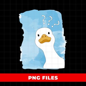May include: A white goose with a yellow beak and a blue watercolor background. The goose has a confused expression with question marks above its head.