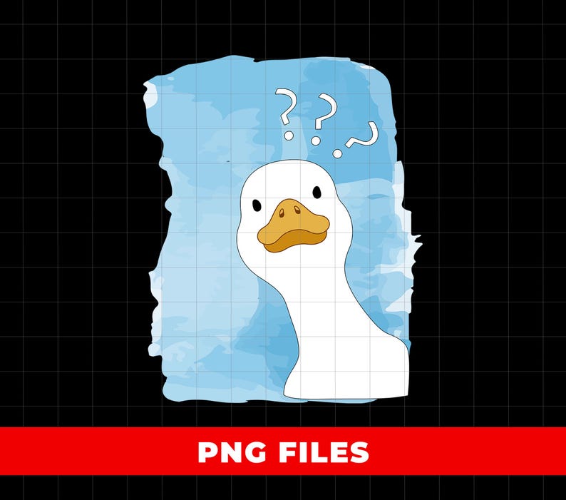 May include: A white goose with a yellow beak and a blue watercolor background. The goose has a confused expression with question marks above its head.