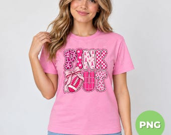 Pink Out Breast Cancer Football PNG Download, Pink Ribbon Coquette Game Day Design, Breast Cancer Awareness Sublimation Printable