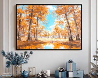 Expressive Oil Painting Of Autumn Forest With Intense Orange And Gold Foliage Under A Bright, Clear Blue Sky, Fall In Love, Love Fall