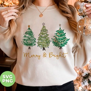 Merry And Bright Svg, Merry Christmas Svg, Xmas Tree Watercolor Svg, Love Christmas Svg, Happy New Year Svg, Svg Files, Png Sublimation