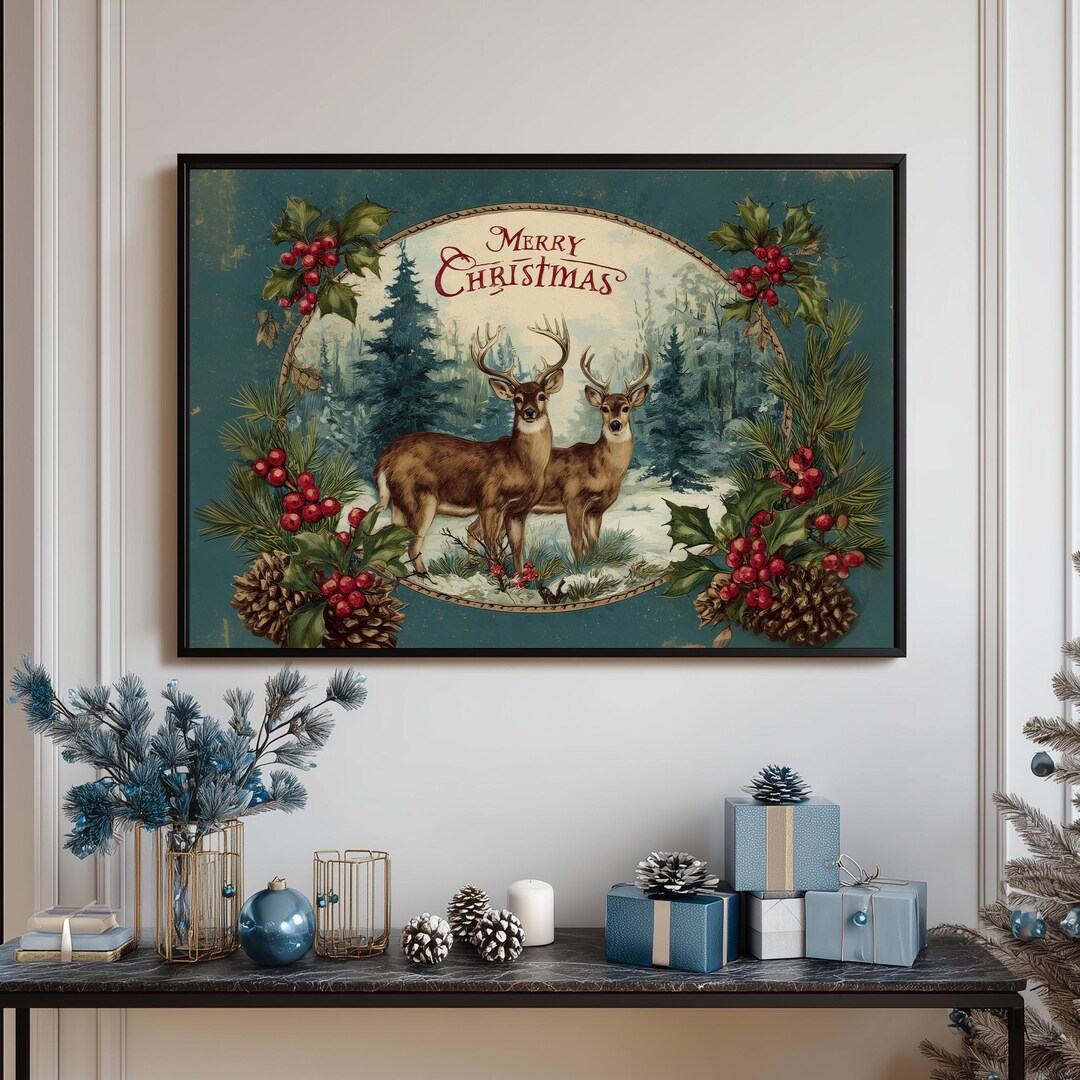 Vintage Christmas Deer Printable Wall Art, Woodland Winter Stag ...