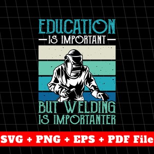 May include: A graphic design featuring a welder in a welding mask, set against a backdrop of horizontal stripes in teal, beige, and blue. The text reads "EDUCATION IS IMPORTANT - BUT WELDING IS IMPORTANTER". The bottom banner includes "SVG + PNG + EPS + PDF File".