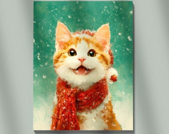 Winter Cat Printable Wall Art, Cute Christmas Kitty Poster, Cozy Holiday Animal Print, Poster Digital Download, Snowy Cat, INSTANT DOWNLOAD