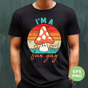 Könnte beinhalten: Ein schwarzes T-Shirt mit einer Retro-Grafik eines Cartoon-Pilzes mit dem Text "I'm a fun guy".
