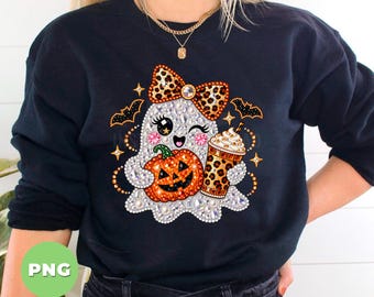 Bling Halloween Ghost PNG Download, Leopard Bow Pumpkin Coffee Design, Cute Sparkly Spooky Sublimation Printable