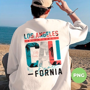 California Beach png, Los Angeles Cali retro zonsondergang clipart, palmboom sublimatie ontwerp, westkust zomer png voor shirt, png-sublimatie